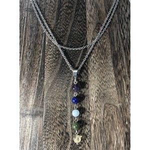 Sterling 5 Drop Natural Amethyst, Lapis, Aventurine, Jade And Quartz Necklace